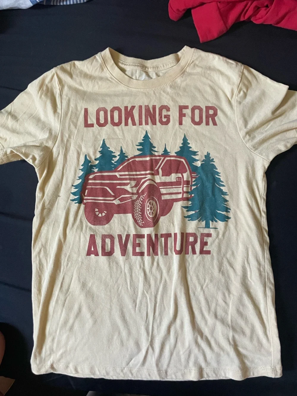 Looking For Adventure Graphic Tee - Cream with Teal & Maroon Print